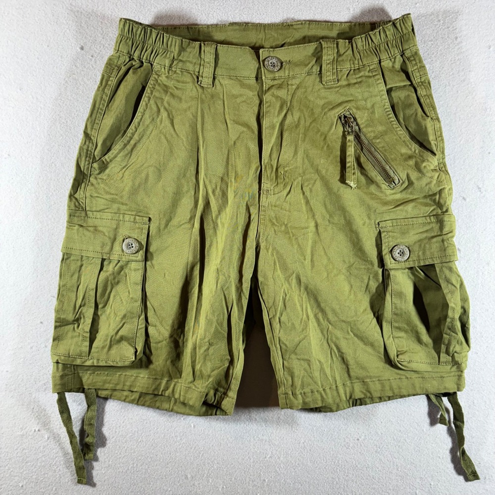 Mens Olive Green Cargo Shorts M Elastic Waist Utility Pockets Tactical Hiking 30